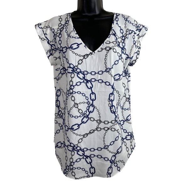 Express Blouse Womens Size Medium M Short Sleeve White Blue Black Semi Sheer Top - Picture 1 of 9